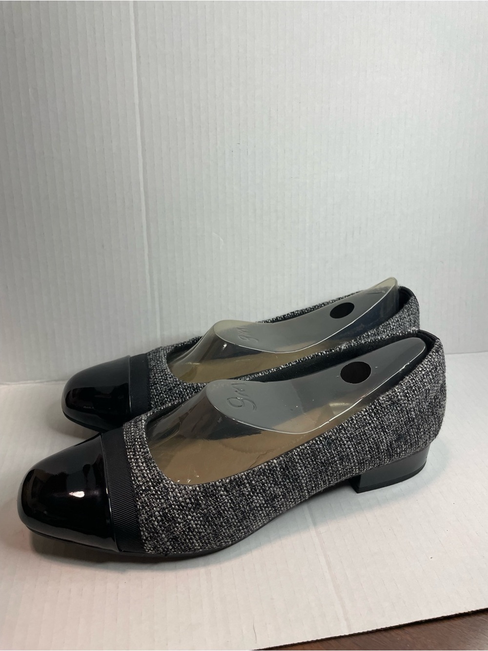 Clarks Grey Tweed Flats with Black Patent Cap Toe